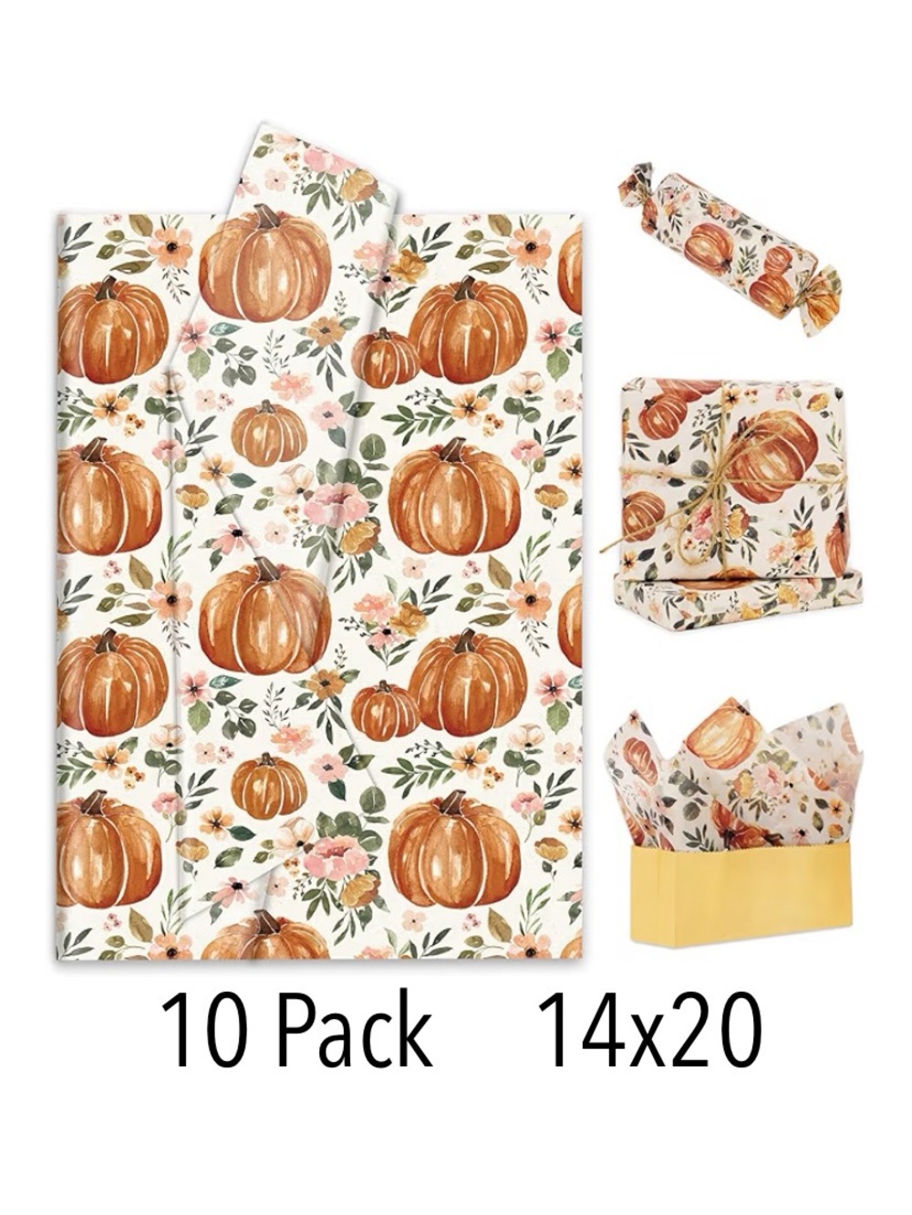 10PK 14x20 Fall Tissue Paper - Vintage Floral Autumn Pumpkins